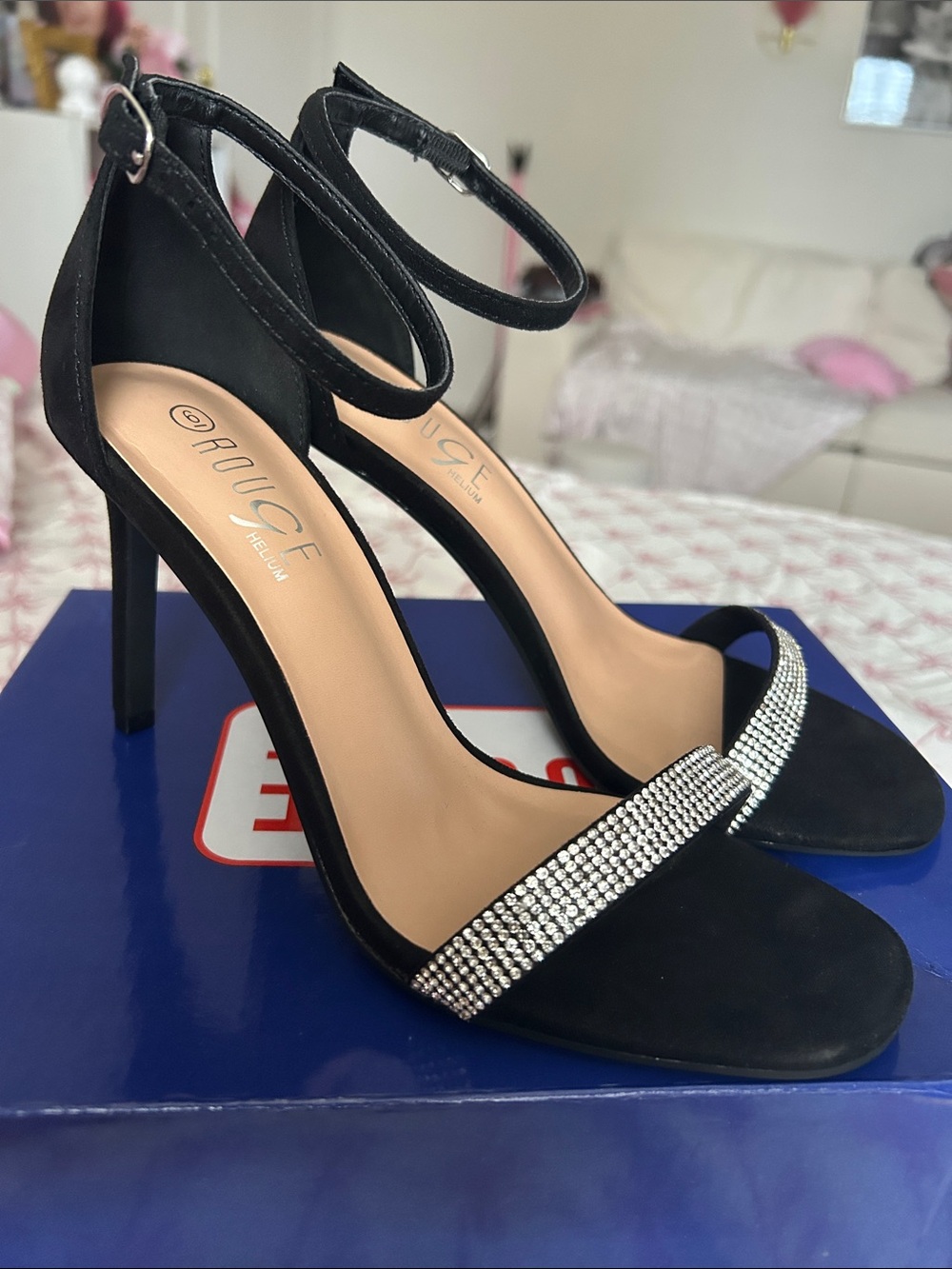 Rouge Black Rhinestone Ankle-Strap Stiletto Heels